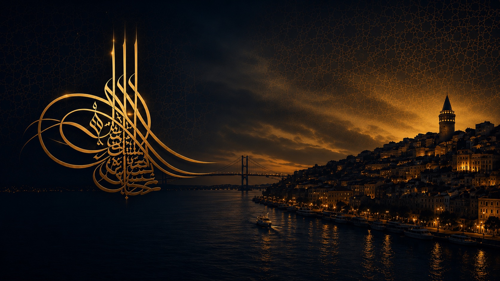 Istanbul skyline, Bosphorus, and Galata Tower at night